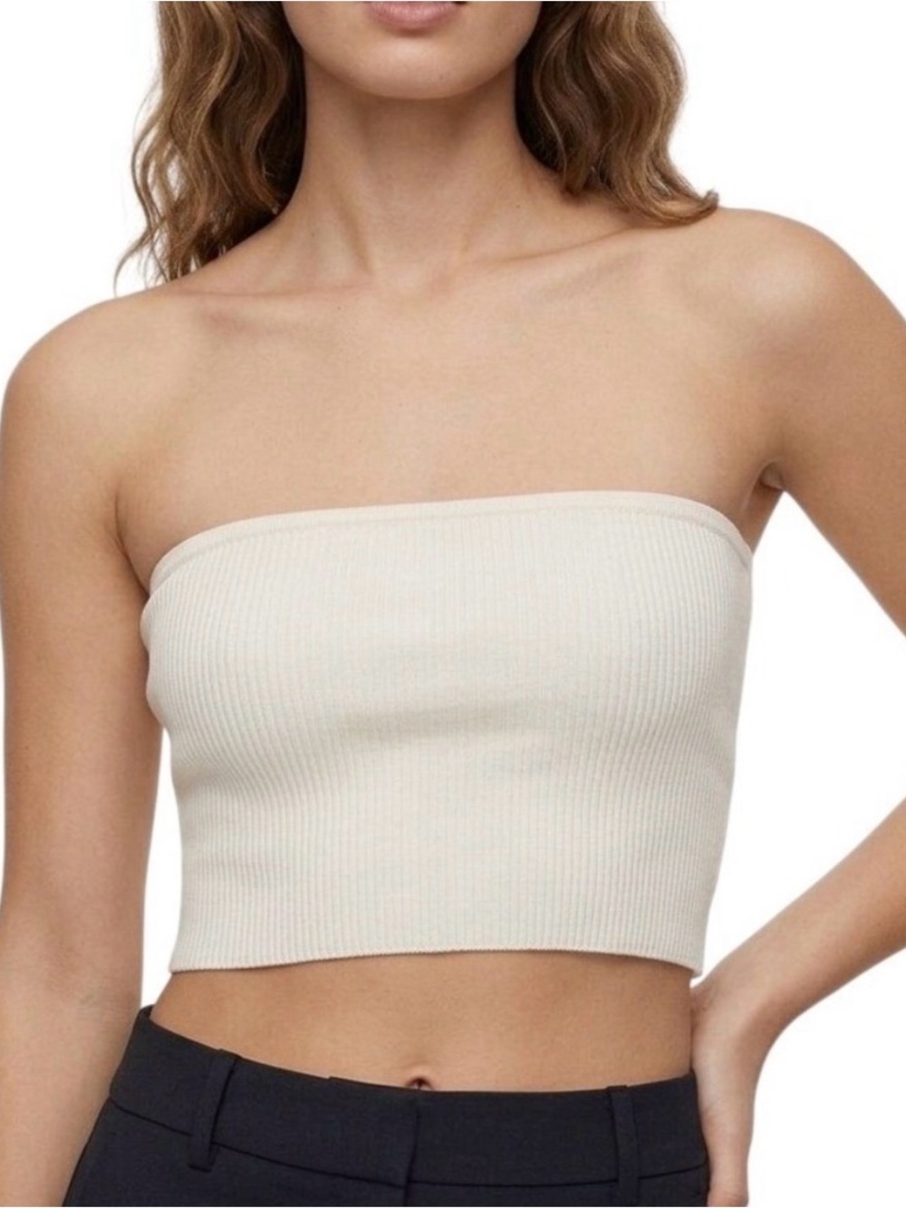 Babaton Ribbed Strapless Tube Crop Top in gray